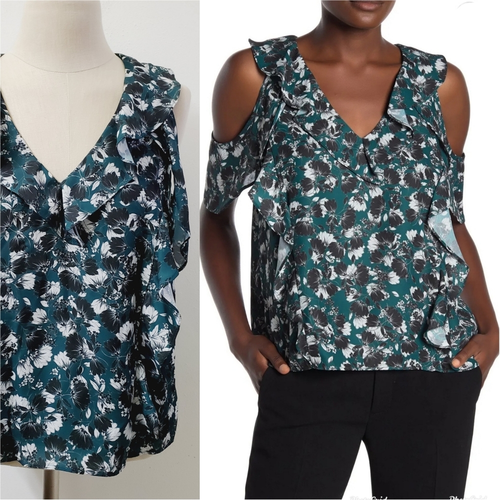 NWT Parker Cold Shoulder Ruffle Evergreen Blouse $228 Size XS